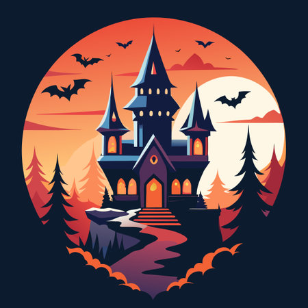 Spooky castle on cliff. Bats fly under an orange moonのイラスト素材