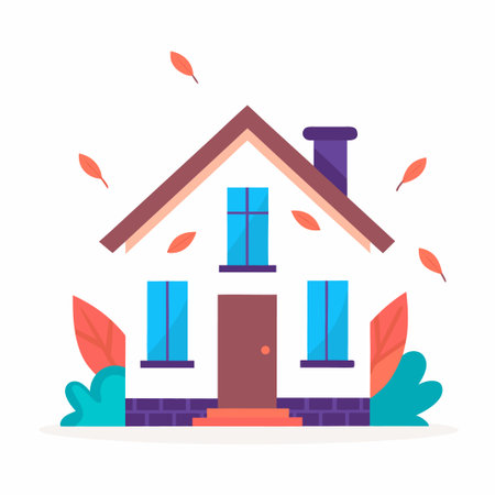 Cute house illustration with autumn leavesのイラスト素材