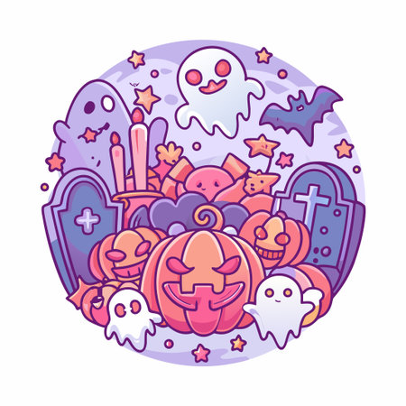 Halloween cartoon design with pumpkin, ghosts, and graveyardのイラスト素材