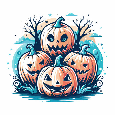 Spooky carved pumpkins with facesのイラスト素材