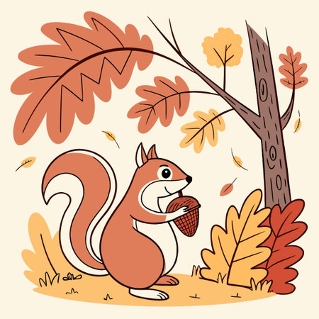 Squirrel holding acorn beneath autumn tree in nature sceneのイラスト素材