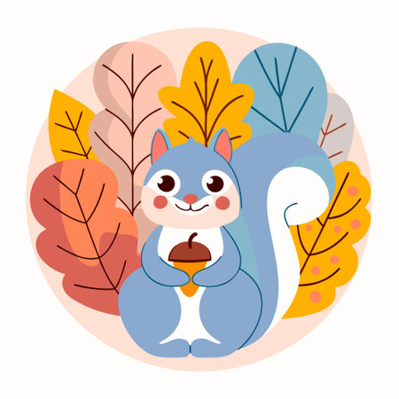 Blue squirrel holding acorn, surrounded by colorful leavesのイラスト素材