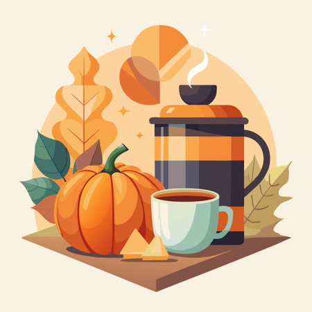 Autumnal still life with pumpkin, beverage, and foliageのイラスト素材