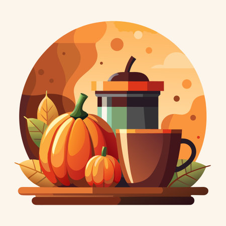 Autumn still life pumpkins, drink, cup, leaves, warm tonesのイラスト素材