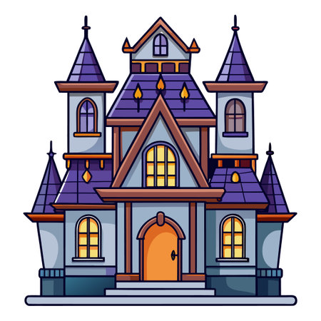Cartoon haunted house with purple roof and glowing windowsのイラスト素材