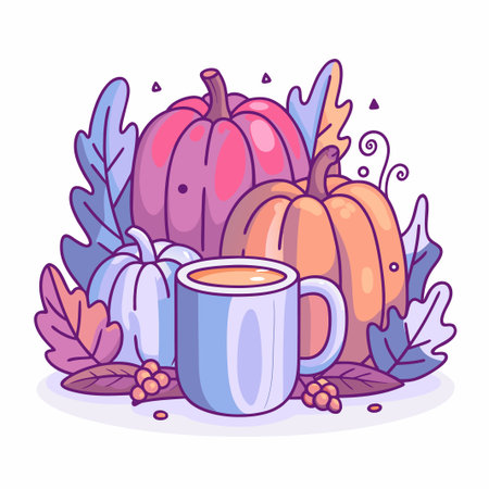 Fall scene pumpkins, mug, leaves. Cute vector styleのイラスト素材