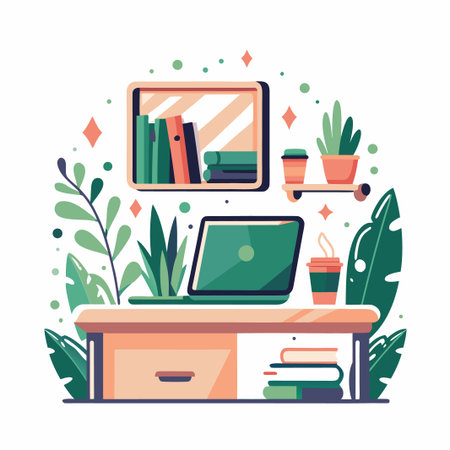 Desk with laptop, books, plants, and coffeeのイラスト素材