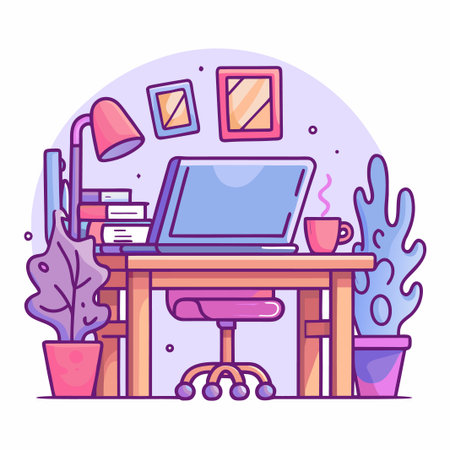 Workspace Desk, laptop, lamp, plants, chair, mug, booksのイラスト素材