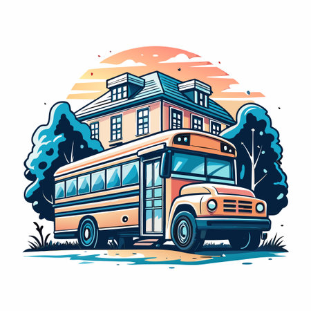 School bus in front of a house with trees and a sunsetのイラスト素材