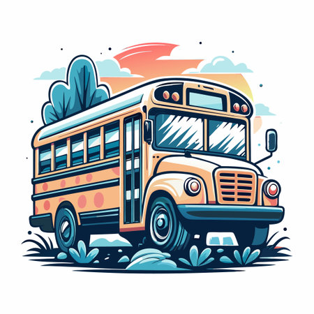 Cute cartoon school bus with trees and sunset backgroundのイラスト素材