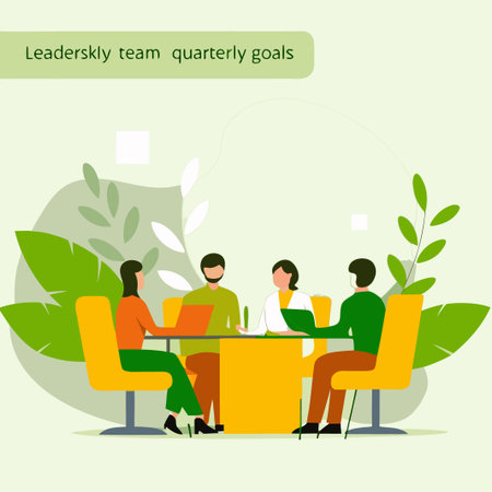 Team meeting discussing quarterly goals, surrounded by plants in a light, neutral spaceのイラスト素材