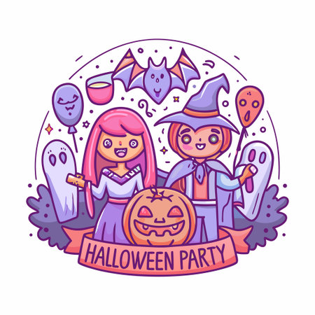 Halloween party illustration with kids and Halloween elementsのイラスト素材