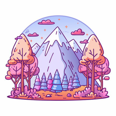 Snowy mountains, trees, and bushes with a cute, cartoon styleのイラスト素材