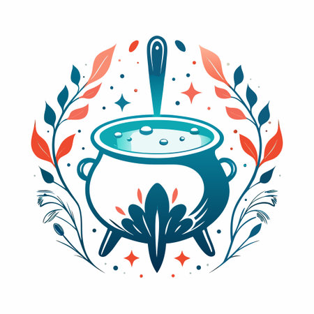 Witch's cauldron with swirling brew surrounded by leavesのイラスト素材