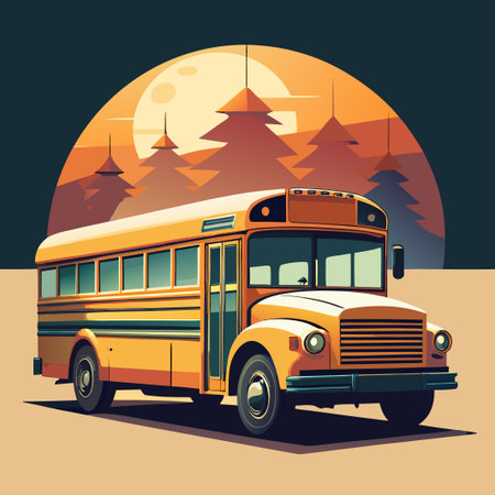 School bus parked before trees &amp; moonのイラスト素材