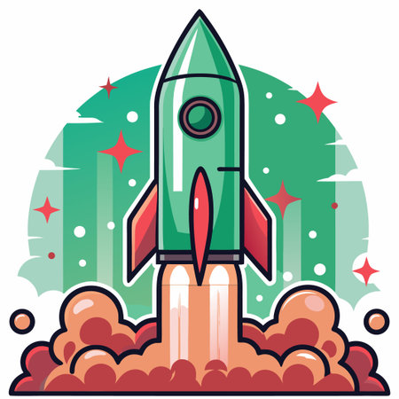 Cartoon rocket taking off, smoke &amp; starsのイラスト素材