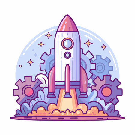 Rocket launching with gears and stars, purple and whiteのイラスト素材