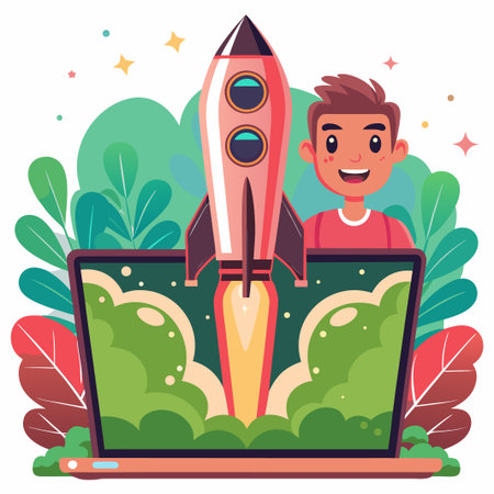 Boy watches rocket launch from laptop in a vibrant cartoon styleのイラスト素材