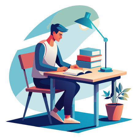 Person reading at desk with books and lamp, focusedのイラスト素材