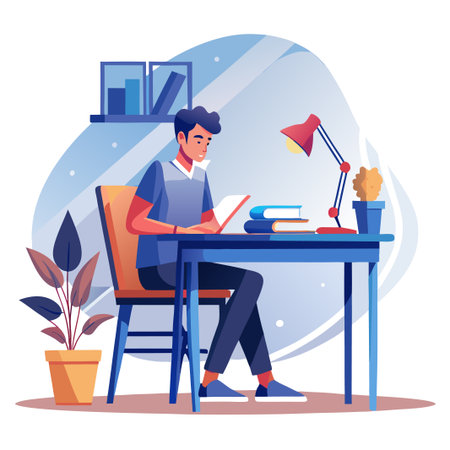 Student studying at desk, illuminated by lamp, indoor sceneのイラスト素材