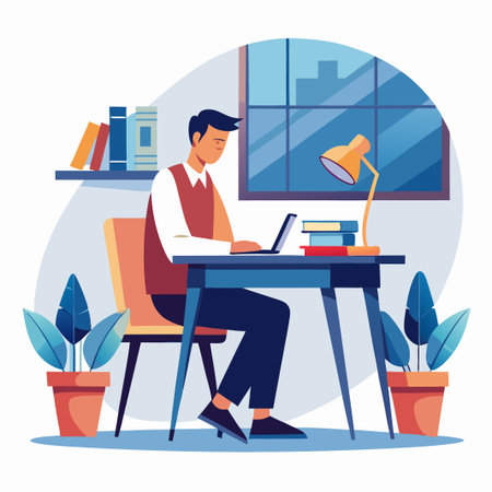Man working at desk in cozy room, studying indoorsのイラスト素材
