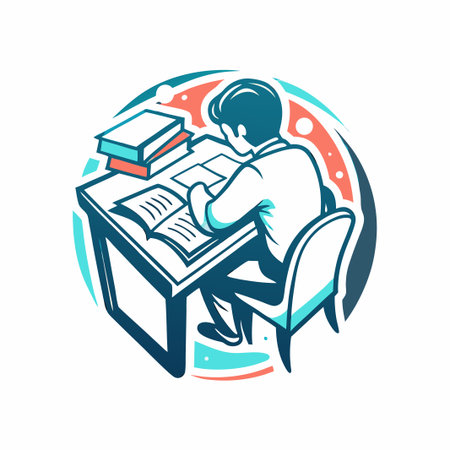 Student studying at desk with books, back viewのイラスト素材