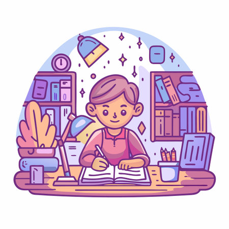 Student studying, writing at deskのイラスト素材