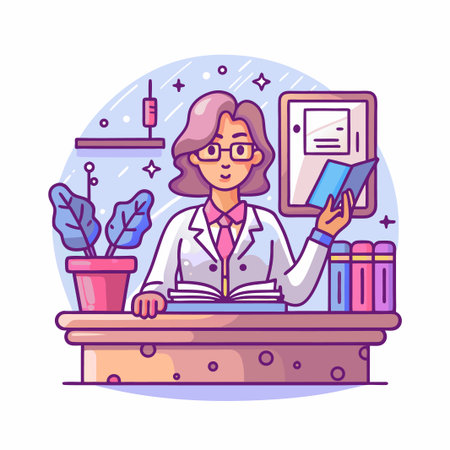 Cartoon scientist at desk reads in lab, plant and booksのイラスト素材