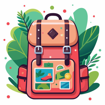 Colorful backpack amidst lush green foliageのイラスト素材