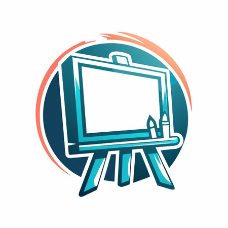 Easel with canvas and pencils icon in blue and orangeのイラスト素材