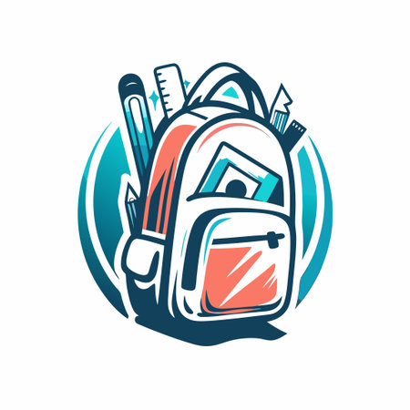 Backpack filled with school supplies, round teal frameのイラスト素材