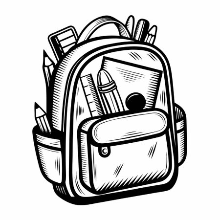 Backpack filled with supplies, black and white illustrationのイラスト素材