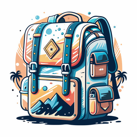 Colorful cartoon backpack with mountain and tropical sceneのイラスト素材