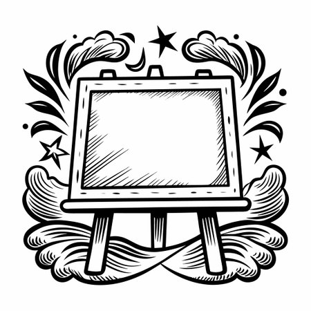 Ornate blank easel, stylized clouds and stars surroundのイラスト素材