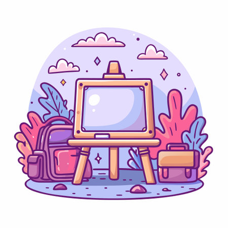 Easel, bag, flora. Ready for art. Pastel colors, cute styleのイラスト素材