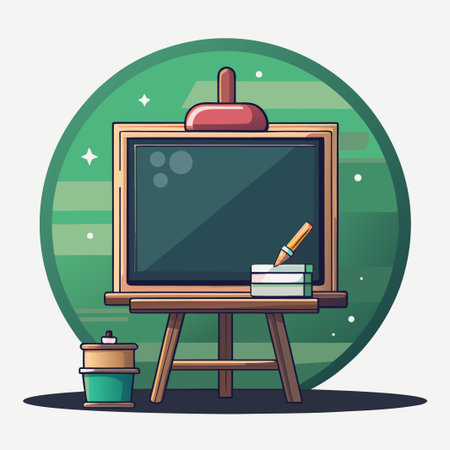 Easel holding slate, books, pencil, and container on green backgroundのイラスト素材
