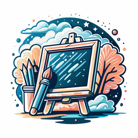 Easel with brush, pencils, stylized landscape backgroundのイラスト素材