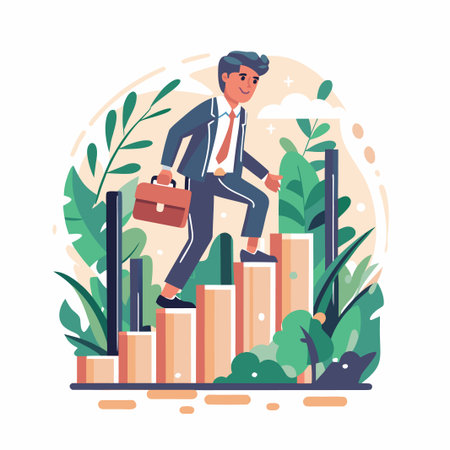 Man climbs bar chart stairs, briefcase, amidst lush foliageのイラスト素材