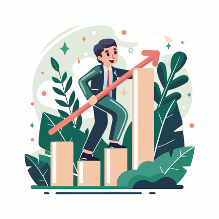 Man climbs chart, arrow, greenery. Success illustrationのイラスト素材