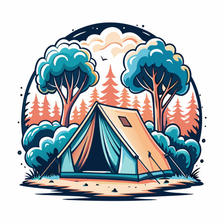 Camping tent in nature setting, trees, sky, illustrationのイラスト素材