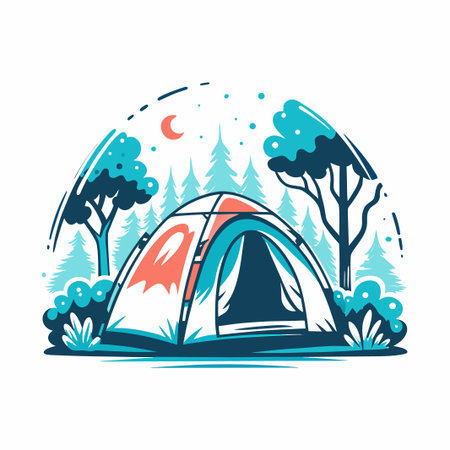Camping tent, trees, and night sky in a serene outdoor sceneのイラスト素材