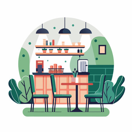 Cozy cafe interior, round table, seating, clean designのイラスト素材
