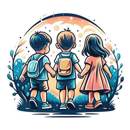 Children holding hands, walking toward sunsetのイラスト素材