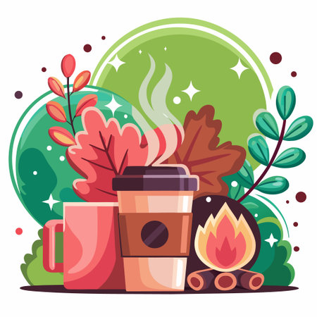 Autumn scene with coffee, leaves, and campfire illustrationのイラスト素材