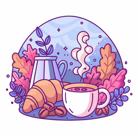 Coffee &amp; pastry, surrounded by plants, soft vector illustrationのイラスト素材