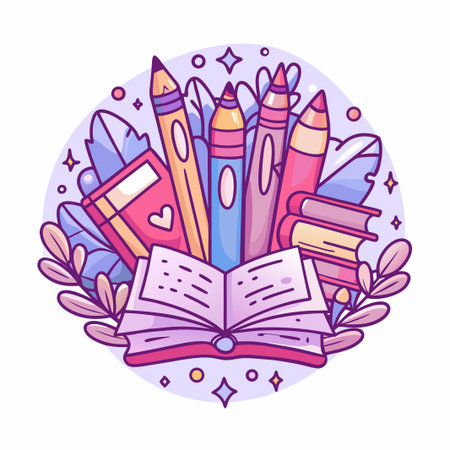 Book with pens, pencils, &amp; plants in bright, whimsical illustrationのイラスト素材