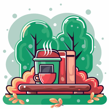 Coffee and books outside in green, red, brown tonesのイラスト素材