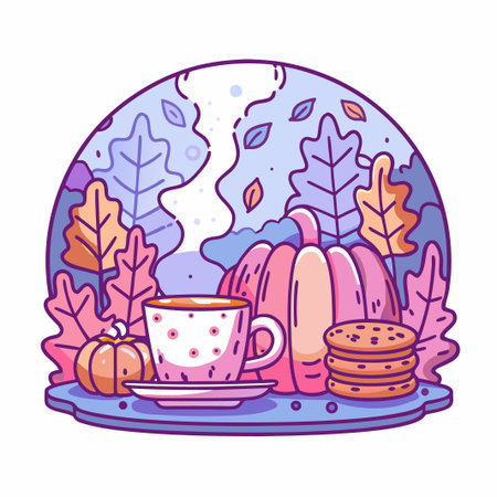 Autumn illustration pumpkins, tea, leaves, and cookiesのイラスト素材
