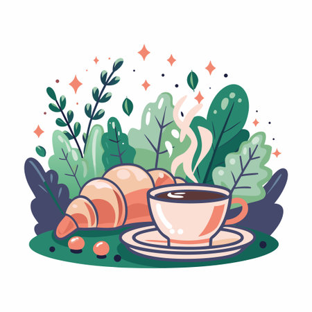 Croissant and coffee cup with leaves illustrationのイラスト素材