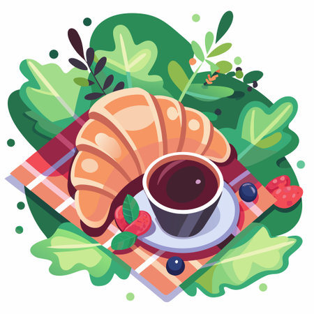 Croissant and coffee with berries on a picnic blanketのイラスト素材